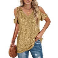 OM10242 - Summer Women's Fashion Comfortable Loose V-Neck Sequins Short
