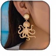 Doubnine  Octopus Drop Earrings with Seashell Top, Ocean Theme Statement