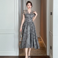 Ligáya 2024 summer new French retro V-neck cinched waist print long dress 21273