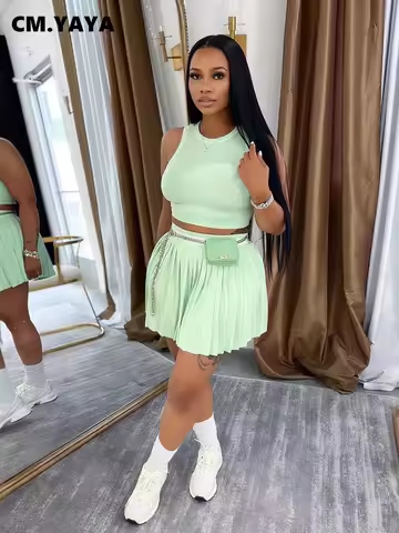 CM.YAYA Sporty Fashion Women O-neck Mini Tank Top and Pleated Mini Skirt Suit 2025 Summer Vacation F