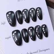 10pcs/Set Handmade Almond Shaped Nail Tips In Black Y2K Style & Crystal Cat's Eye & Hand Painted Gra