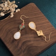 Her Lab Jewelry | 2023ใหม่ต่างหู Cloisonne หยกหยกสีขาวย้อนยุคเครื่องประดับทองโบราณต่างหูจี้