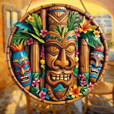 Hawaiian Tribal Wooden Mask Ancient Totem Luau Bonfire Tiki Party Banner Decor Backdrop Aloha Hawaii