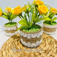 Furniture Asri rangkaian bunga mawar mini set pot goni dan pot tempel dinding lucu dan unik  bunga hias artifisial  bunga plastik