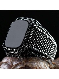 1枚時尚復古男士黑色方形瑪瑙戒指,男士個性商務指環鍊金禮物