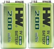 HW 2 Pack Rechargeable Ni-MH 9V Batteries, Pre-Charged 9 Volt 200 mAh, Recharge Up to 1000 Times, 9v