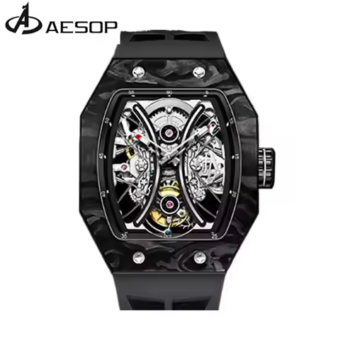 AESOP Top Flying Tourbillon Watch Luxury Barrel Shaped Skeleton Design Carbon Fiber Bezel Waterproof