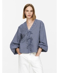 ARKET Womens Cotton Bubble Sleeve V-neck Plaid Shirt Summer 2025 Commute Style Straight Cut Long Sle