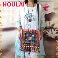 HOULAI Women Shoulder Bag, Tassels Fashion Message Bag, Hmong Tribal Ethnic Embroidery Tapestry Vint