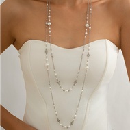 2Pcs/Set Temperament Imitation Pearl Long Chain Necklace for Women Fashion Statement Goth Sweather L