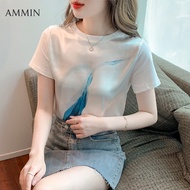 AMMIN ชุดเดรสหน้าร้อนเสื้อคอกลมแขนสั้นสำหรับผู้หญิงเสื้อสง่างามแบบลำลองสไตล์เกาหลีคอกลมเสื้อยืดผ้าฝ้