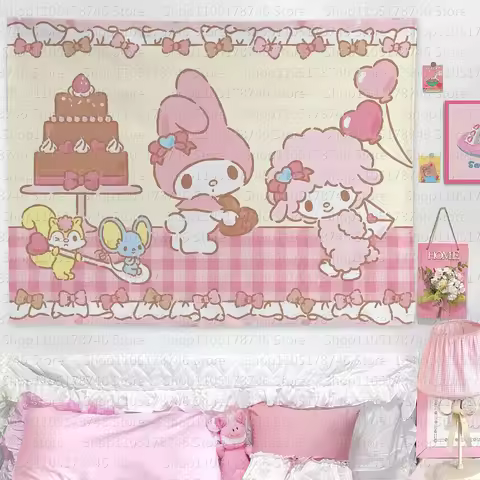 Sanrio Melody and Sweetheart Piano Printed Tapestry Cartoon Theme Bedroom Decoration Suitable for Do