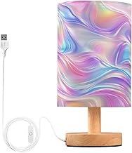 Joisal Iridescent Abstract Waves Desktop Lamp Linen Lampshade Small Night Stand Lamp, Bedroom Lamp