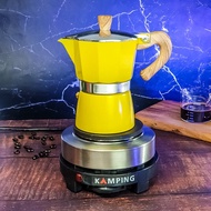 (Kamping) เตาไฟฟ้า และ หม้อต้มกาแฟ สีเหลือง 150 ml.  moka pot  หม้ออลูมิเนียม แปดเหลี่ยม เครื่องชงกาแฟ หม้อกาแฟ