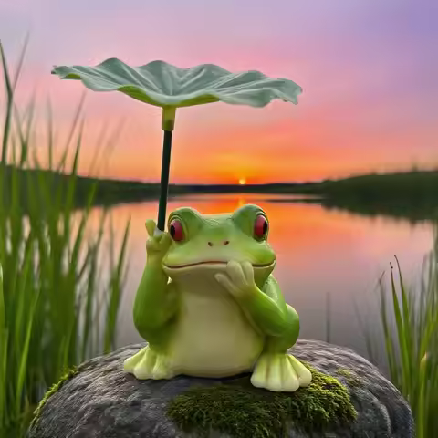 Garden Frog Statue with Lotus Leaf Umbrella Whimsical Resin Frog Figurine Cute Animal Sculpture for 