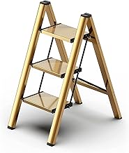 Foldable Step Ladder 3 Stepping Stool-Aluminium Kitchen Step Stools,Folding 330lbs Lightweight Ladders with Anti-Slip Wide Pedal,Portable Kids/Adults Small Ladder for Library,Closet,Golden