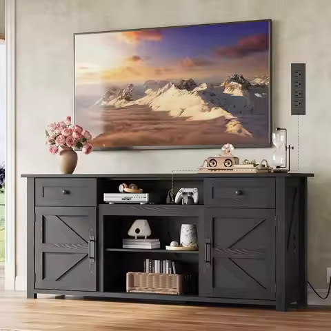 TV Stand for 65 70 75 inch TV, Modern Farmhouse Entertainment Center with Built-in Power Outlet, TV 