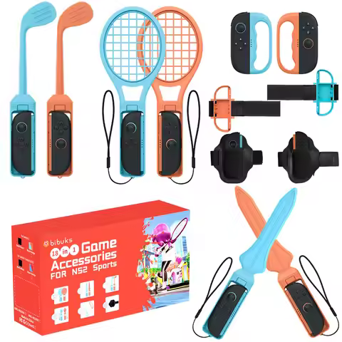 18 in 1 Sports Accessories Bundle for NS Switch 2, Golf Clubs Tennis Rackets Swords Grips Straps Kit