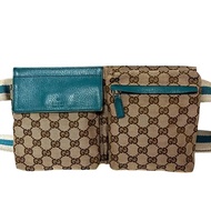 正品 GUCCI 古馳 腰包 側背包 小包 GG帆布 米色 綠色 28566 中古