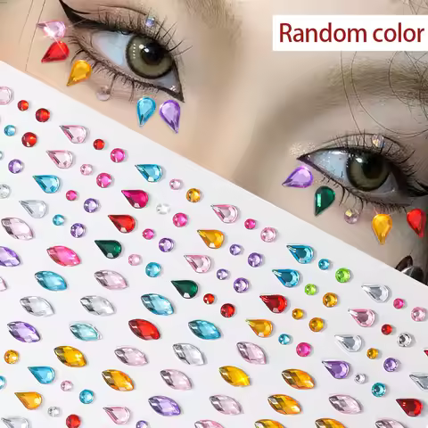 1pc 3D Colorful Glitter Face Rhinestones Sticker Teardrop Diamond Temporary Tattoo Sticker Adhesive