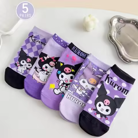 5Pairs Cute Sanrio Kuromi Purple Socks, Comfortable and Soft Shorts Causal Cartoon Socking for Women