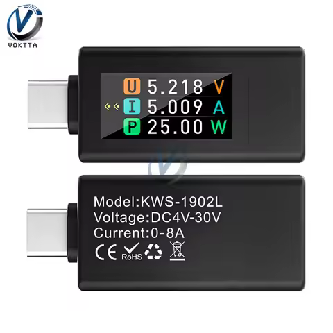 KWS-1902L Type-C Tester DC 4-30V 0-8A Voltage Current Tester 0.96-inch TFT Display Screen Voltmeter 