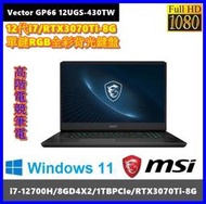 泓鼎科技電腦  Vector GP66 12UGS-430TW【i7-12700/16G/RTX3070】【含稅+現貨】