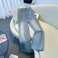 New loose jeans Women's blue wide leg long pants High waist straight pants Washed denim casual pants