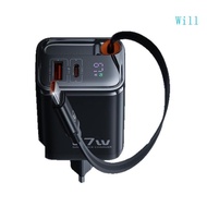 Will 3 Port USB C 67W Fast Charging Rack Station Retractable Cable LED Power Monitor