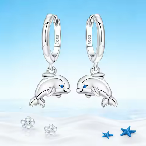S925 Sterling Silver Earrings Marine Life Element Blue Devil Fish Dolphin Shell Earrings For Women J