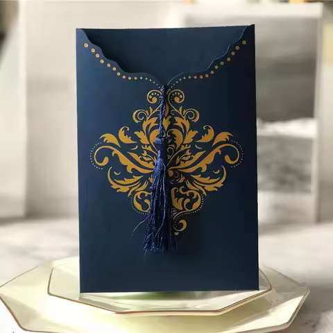 1x navy blue laser cut invitation card jacket gatefold pocket wedding invitations kit dark blue and