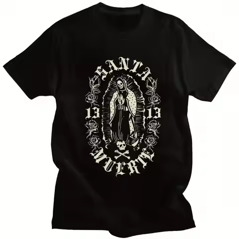 Allseason Apparel Gothic Santa Muerte 13 T-Shirt Mexican Lady of Holy Death Skull Graphic Tee Roses 