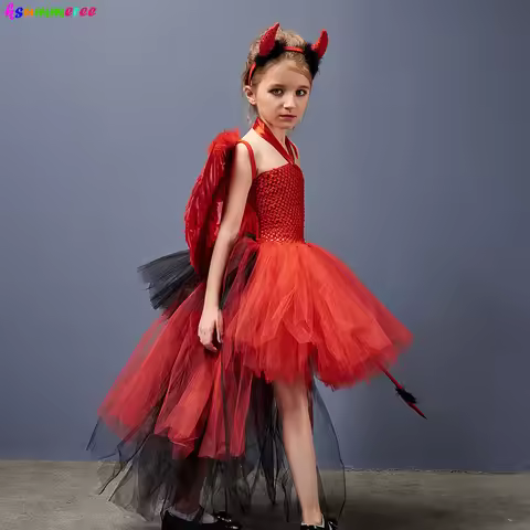 Girls Devil Witch Tutu Fancy Dress with Horns Wing Wand Red Black Bustle Halloween Costume Kids Cosp
