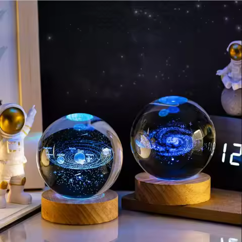 3D Cystal Ball Decoration Planetary with LED Wooden Base Laser Engraved Solar System Globe Astronomy