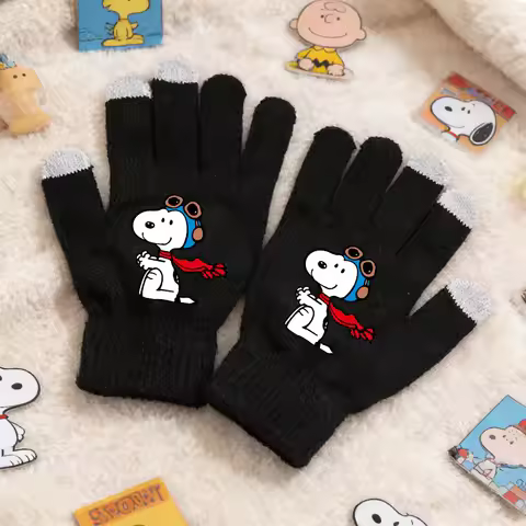 Snoopys Teenagers Gloves Cartoon Woodstock Knit Mittens Touch Screen Winter Warm Women Man Five-fing