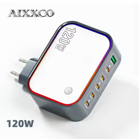 AIXXCO 120W GaN Fast Charger 6-Port USB-C PD QC3.0 Travel Charging Adapter for Laptops iPhone iPad S