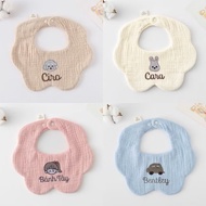 [Plain FLOWER BIB - NAME EMBROIDERED] Floral Baby Bibs Muslin Fabric 5 Layers Natural Cotton Fiber P