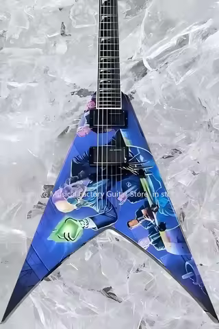 Dave Mustaine Rust In Peace Blue Flying V Electric Guitar Handwork Paint, Active Pickups & 9V Batter