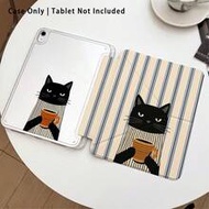 Black Cat, Coffee Cup, Stripes Pattern Painted Effect Acrylic Crystal Protective Case With Stand, Co