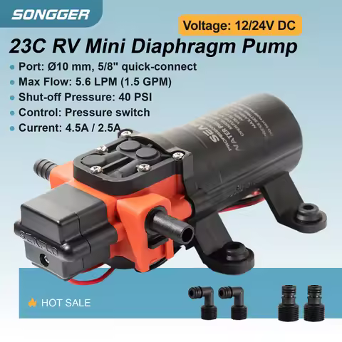 23-C RV Water Pump 12V/24V 5.6LPM 1.5GPM Diaphragm Pump Pressure Switch for Camper Irrigation Cleani