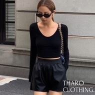 Women's Long Sleeve, V-Neck Crop Top - Tharo Clothing [AO00088] Long Sleeve T Shirt Women Crop Top