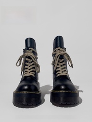 รองเท้าบู๊ตสั้นผู้หญิง Visual Focus ทรงบiker หัวมน สายรัดยางหนา ด้านในหนังวัว ทรงหุ้มข้อ ฤดูหนาว รอง