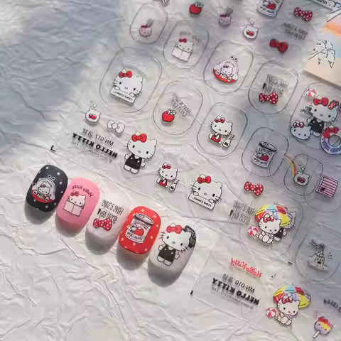 1PCS 5D Embossed Hello Kitty Nail Stickers Sanrio HelloKitty Nail Accessories Kitty Cat Fashion Desi
