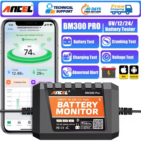 ANCEL BM300 Pro Battery Tester 6V 12V 24V Car Battery Monitor Bluetooth for Car SOH SOC Battery Heal