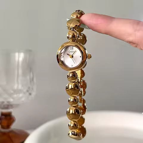 GEDI Women's Mini Round Gold Watch, Vintage Beaded Bracelet Wristwatch, Delicate Luxury Ladies Quart