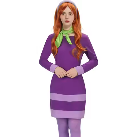 Classic Daphne Blake Women's Costume with Wig 70s Retro Fancy Dress Purple TV Cartoon Series Hallowe