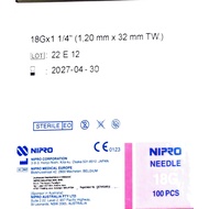 NIPRO MEDICAL NEEDLE 18G X 1 1/4 INCH 32MM  100'S ( 14 BOXES + 1 BOX FOC) EXPIRY 2027