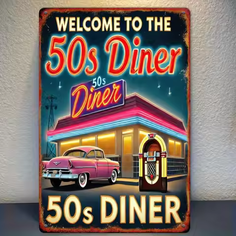 Vintage 50s Diner Metal Sign Wall Decor 12x8 Inch Retro American Tinplate Art for Home Bar Kitchen
