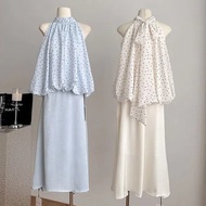 Summer New Korean Version Fashion Shoulder Hanging Neck Polka Dot Pod Top + Half Skirt Temperament T