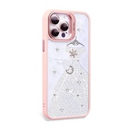 iPhone 15系列 防震雙料隱形立架彩鑽手機殼-禮服-粉框